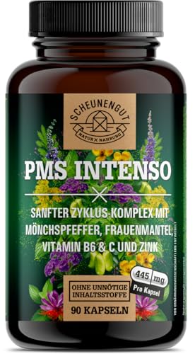 PMS INTENSO® Mönchspfeffer PMS Kapseln -WICHTIG: Hochdosiert und Laborgeprüft mit Agnus Castus al, Gänsefingerkraut, Frauenmantel, Safran, Vitamin C, B6, Zink uvm. DE SCHEUNENGUT®