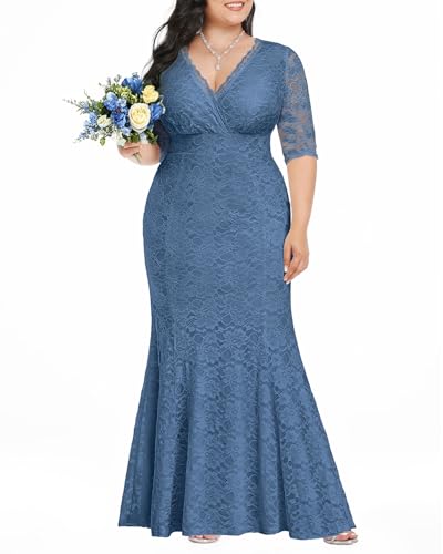 Image of Pinup Fashion Plus Size Formal Evening Dress Wedding Guest Bridal Gowns | Floral lace, wrap v-neck, 3 /4 sleeves, empire waist, mermaid floor length, side zipper