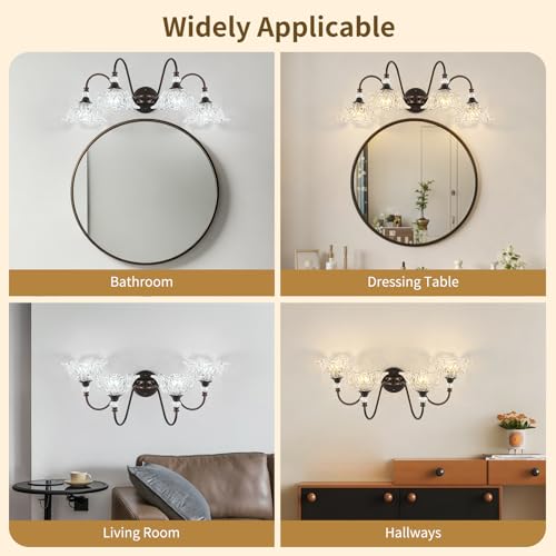 Image of Oil Rubbed Bronze Finish Bathroom Vanity Light, 4-Light Vintage Vanity Light with Floral Clear Glass Shades, Retro Wall Mount Lighting for Bathroom, Dressing Table