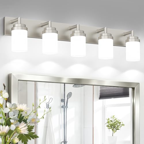 Image of Bathroom Light Fixtures, Brushed Nickel Bathroom Lighting Fixtures Over Mirror, Modern Vanity Light with White Glass Shade, Restroom Lighting Fixtures, 5-Light 36-inch