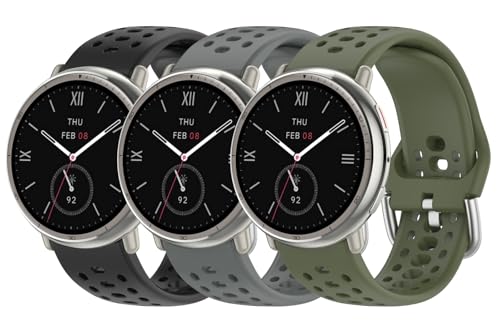 UPZOBU 20mm Watch Band for Amazfit Active 2 Band Quick Release Silicone Sport Watch Strap (3 Pack Black/Space Gray/Army Green)