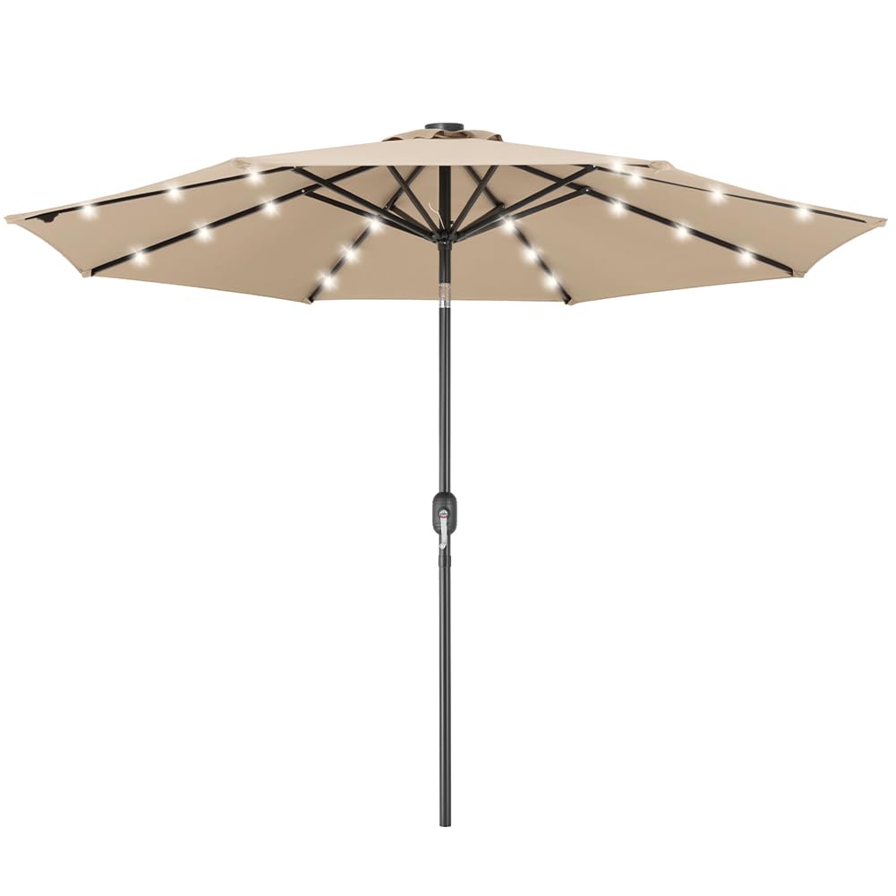 BAKAJI Ombrellone da Giardino Diametro 270 cm con Luci Led e Sistema Antivento, Parasole da Esterno con 8 Ribs Stecche, Airvent, Ideale per Bar, Ristorante, Patio, Balcone, Apertura Manovella