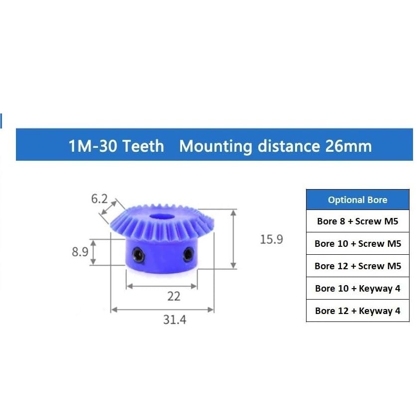 Cylindrical Drive 1pc 30 Teeth Blue Nylon Bevel Gear 1 Module 1:1 90 Degree Miter Conical Pinion 1M 30T Gear for Transmission Engineering Rack Machinery(12mm bore)