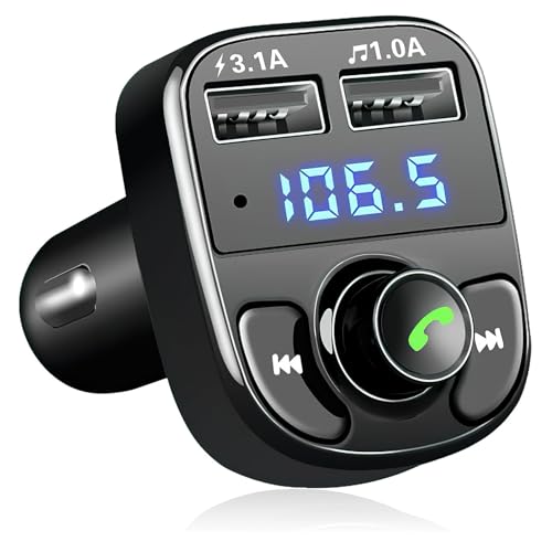 Bluetooth Car Adapter Wireless FM Bluetooth Transmitter Car MP3 Player USB Radio Hands-Free Calling with 2 USB Fast Charger 5V/3.1A and 1A and Built-in MIC Support TF Card & Disk Accessories