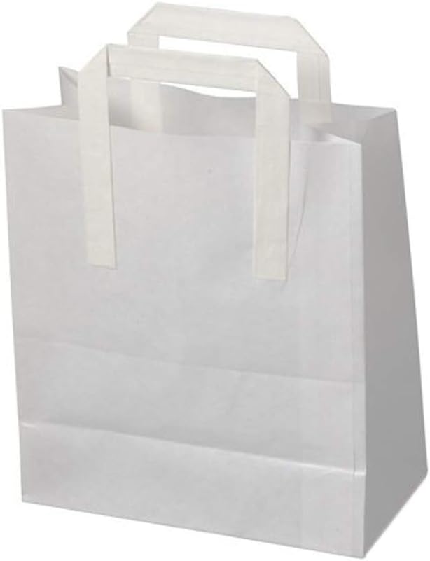 50x White Paper Carrier Bags with Flat Handles - 25cm x 30cm x 14cm