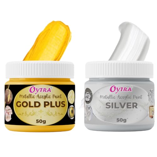 Oytra Gold Silver Metallic Paint Acrylic Colour Set for Metal Ideal for Professionals Artist Painters Craft Materials DIY Painting Drawing on Canvas Wall Wood Glass Car Rock Steel Surfaces