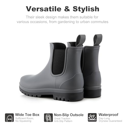 planone Short Rain Boots Women Orthopedic Wide Width Fashion Waterproof Chelsea Boots for Women Outdoor Garden Shoes Ankle Muck Boots for Ladies Non Slip Work Shoes Rubber Boots with Comfort Insole4