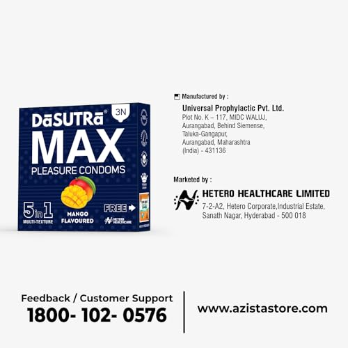 Image of Dasutra Max Pleasure Dotted Condoms For Men | 5 in 1 Multi-Textured Lubricated | Enhanced Pleasure For Both | 3 in Each Pack (Mango, Pack of 10)