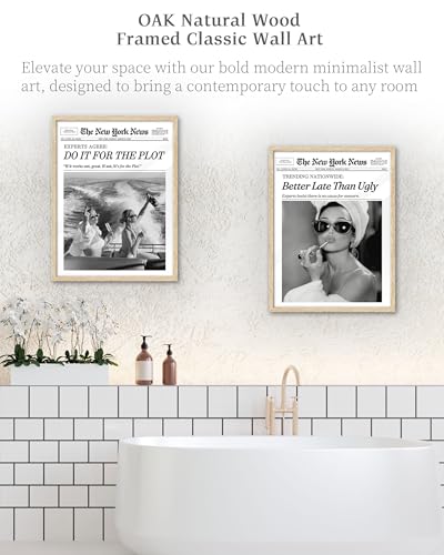 ihery natural oak wood audrey hepburn newspaper trendy framed wall art 12x16 in vintage headline canvas bedroom wall decor better late than uglybathroom artwork apartment girly dorm room 1pack