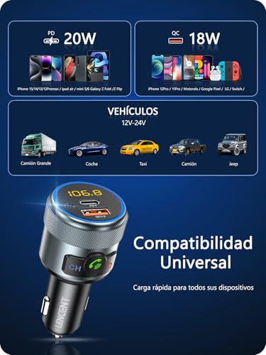 LENCENT Transmisor FM Bluetooth 5.1, Manos Libres Reproductor Música Coche, Deep Bass Sonido Hi-Fi, Adaptador Radio Bluetooth con PD 20W y Carga Rápida QC3.0 18W, Compatible con Llamadas Manos Libres - imagen 6