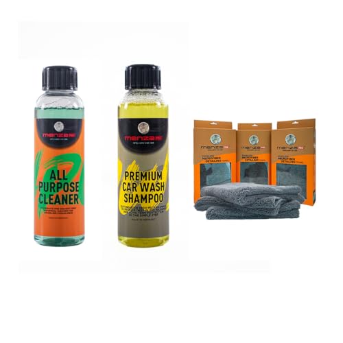 Image of MenzaPro All Purpose Cleaner 200ml with Premium Car Wash Shampoo 200ml and Edgeless Microfiber Towels 300 GSM Pack of 3 Combo