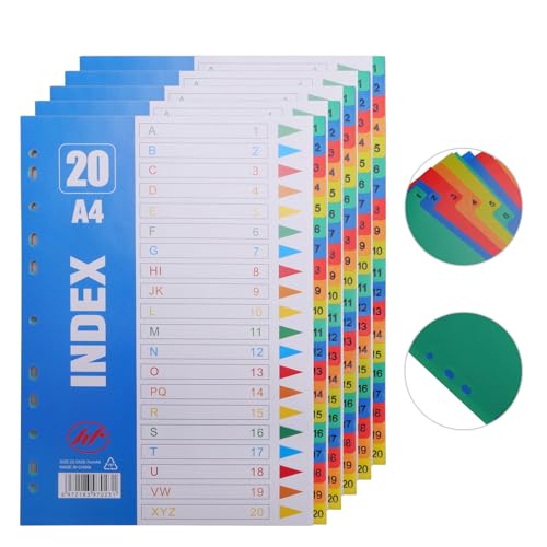 Rongxze 100 Hojas/5 Juegos Divisores de Archivos A4, Separadores Archivador A4 con 11 Anillas Número 1-20, Separadores para Archivador Plastico para Escuelas, Oficina (30x22,5cm)