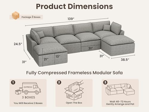 Image of COSIEST 139'' Boneless Sectional Couch, Modular Sectional Sofa with Ottoman, 6 Seater U Shaped Cloud Couch for Living Room, Grey