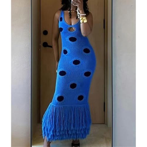 Women Dress Knitted Polka Dot Long Sexy Hollow Out Tassel Night Club Evening Party Beach Holiday Dress3