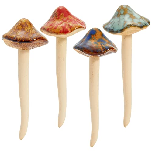 Juvale Ceramic Outdoor Mushrooms Plant Stakes - 5 in, Assorted Brown, Red, Orange & Green, 4-Pack - Set of Garden Mushrooms for Planter Pots & Indoor & Outdoor Garden Decor