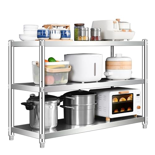 Banco de trabajo multifuncional de acero inoxidable de 3 niveles, mesa de preparación ajustable con estante de almacenamiento abierto y patas de metal (60 x 40 x 80 cm) para cocina, restaurante y