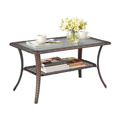 VINGLI Outdoor Coffee Table with Storage Wicker Patio Coffee Table Tempered Glass Top Coffee Table for Patio Outside Balcony Porch Deck (Brown)