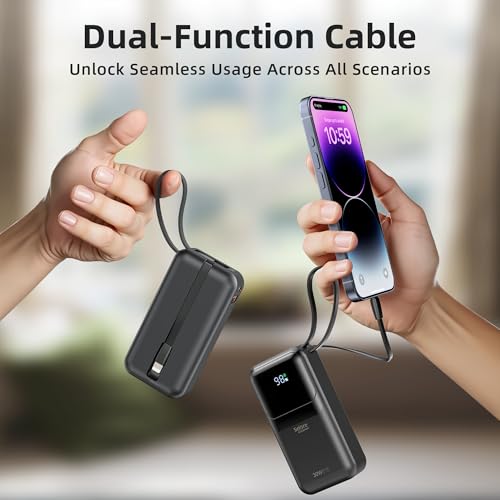 Image of PD 30W Fast Charging Portable iPhone Charger 10 000mAh Mini Size Power Bank with Built in USB C & Lightning Cable, LED Display, Travel Battery Pack for iPhone 16 /15 /14 /13 Series Samsung etc