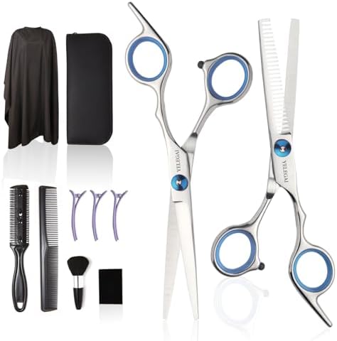 Hair Cutting Scissors Kit,11 Pcs Professional Haircut Scissors Kit with Cutting Scissors,Thinning Scissors,Neck Duster Brush,Comb,Cape,Clips,Hairdressing Shears Set for Barber and Home
