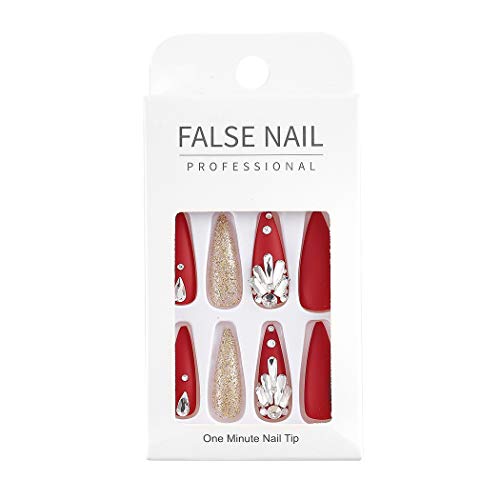 Sethexy Matt Stilett Lange Falscher Nagel Funkeln Kristall rot Falsche Fingernägel Gold Bling Drücken Sie auf Nägel 24St… – Bild 6