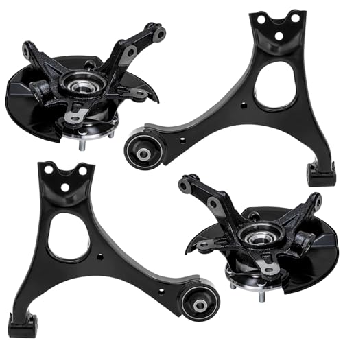 Image of Detroit Axle - 4pc Front End Control Arms Kit for 06-11 Honda Civic, 2 Steering Knuckles and Wheel Bearing Hubs 2 Lower Control Arms 2006 2007 2008 2009 2010 2011 Replacement