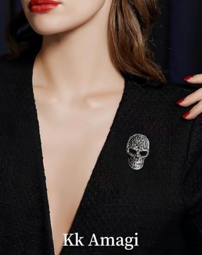 Image of Punk Skull Brooch Pins For Womem Men Black Skeleton Halloween Jewelry Gift | Gothic, Retro Design, Shiny, Diamond Brooch, Low Allergenicity