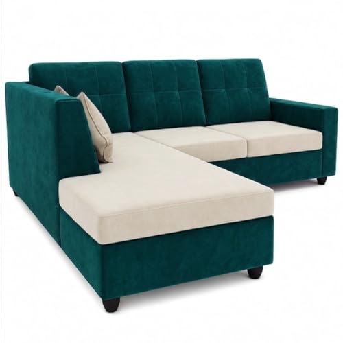 Image of FURNY Nathan 4 Seater L Shape Sofa Set LHS (Green Teal-Cream) | Suede Velvet Finish | Durable Comfort Sofa for Modern Living Room & Office Spaces