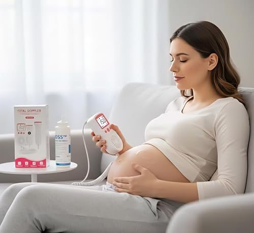 Image of Fetal Doppler Monitor, Portable Pregnancy Heartbeat Detector, White with Pink Buttons, Digital Display, Battery Operated, Complete Kit with User Manual and 2 AA batteries, Ultra Sound Gel Model HH-T10