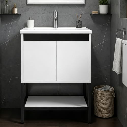 wonline 24” Bathroom Vanity with Ceramic Sink, Bathroom MDF Cabinet with White Wash Basin and Modern Design Chrome Faucet for Small Space