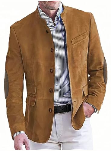Men's Vintage Suede Blazers Retro Single Breasted Suit Jacket Casual Sports Coat Brown