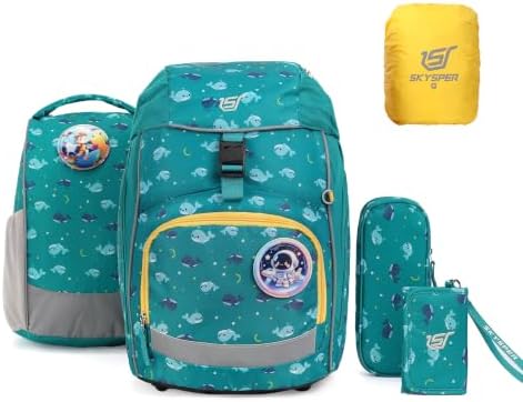 SKYSPER Schulranzen-Set 5-teilig, Schulrucksack Ergonomischer Tragesystem | Schulranzen mit Regenhülle, 360 Grad Reflexstreifen, für Mädchen Jungen Kinder 1. klasse Outdoor Aktivit