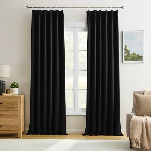 Black Pinch Pleated Curtains 144 Inches Long Wall Curtains, Elegant