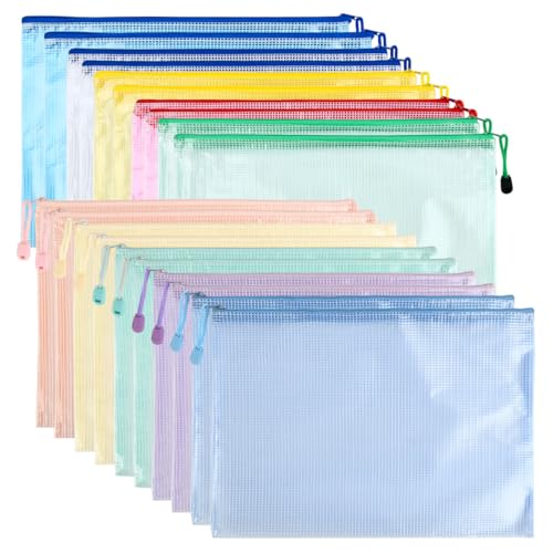 DODUOS 20 Stück Kunststoff Dokumententasche A4,Dokumententasche A4 Reißverschluss, Wasserdichte Mesh Bag Beutel mit Reißverschluss Farbe Zipper Bag für Schule Büro Reisen, 33,5 x 24cm
