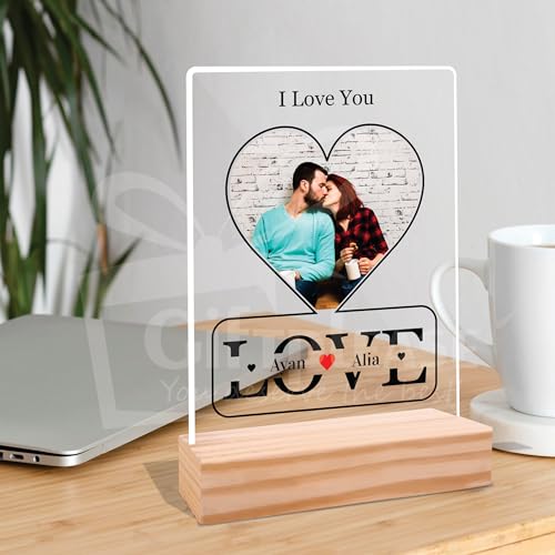 Image of Giftplease Customized Photo And Text Frame With Wooden Stand | Personalised Printed Photo Frame | Gift | Birthday | Anniversary (Transparent, 5MM, 6 * 8 Inches), Tabletop