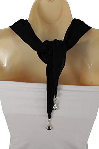 TFJ Women Fashion Short Black Tie Soft Necklace Scarf Fabric Silver Drop Charms4