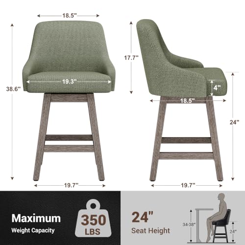 Image of YaFiti Swivel Counter Height Bar Stools Set of 2, 24 inch Modern Chenille Fabric Barstools with Back, Widen Upholstered Seat, Hardened Wood Legs for Kitchen Counter, Island, Dining Room, Sage Green