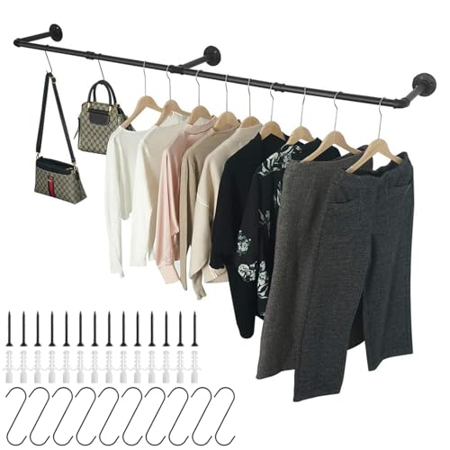 STARVAST Industrierohr Kleiderstangen,180cm Kleiderbügel für die Wand, Platzsparenders Wandregal Küchenregal mit 3 Basen, für Geschäft, Schwarz, 1-Pack