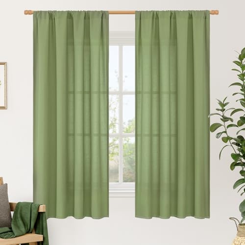 Image of LAMIT Green Linen Curtains 63 inch Length for Bedroom, Faux Linen Light Filtering Window Treatments Neutral Rod Pocket Drapes for Living Room /Farmhouse, 2 Panels Set, 42 x 63 Inch