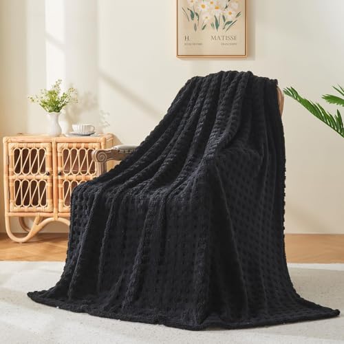 Wajade Fleece Throw Blanket, Fluffy Faux Fur Blanket for Bed Sofa Couch, Soft Warm Thick Blanket,waffle Black-178X203