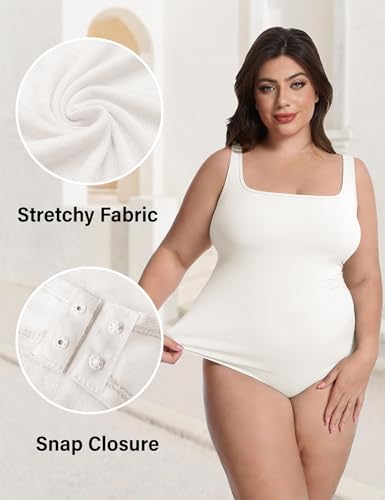 Image of FOREYOND Plus Size Bodysuits for Women Short Sleeves Square Neck Body Suit Tops Casual Basic Slim Fit Shirts Leotards