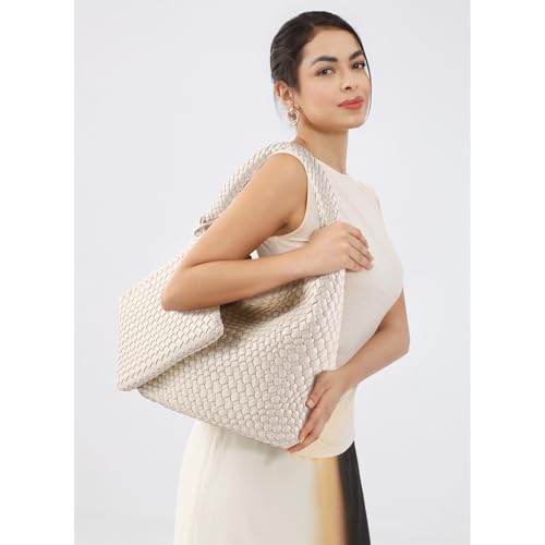 Image of Woven Bag for Women Vegan Leather Tote Bag Large Summer Beach Travel Handbag and Purse Retro Handwoven Shoulder Bag