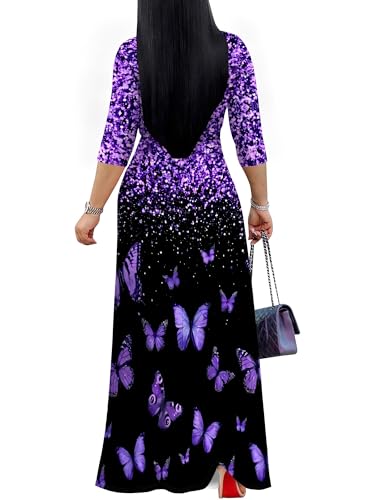 Image of Plus Size Dresses for Women Print Maxi Dresses 3 /4 Sleeve with Belt