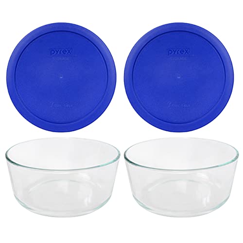 Image of Pyrex 7203 7 Cup Glass Bowls & 7402-PC Cadet Blue Food Storage Replacement Lids (2-Pack) - Made in USA