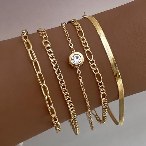 IFKM Gold Bracelets for Women, 14K Gold Plated Dainty Link Chain Bracelet set, Trendy Stackable Layered Bracelets jewelry Gifts
