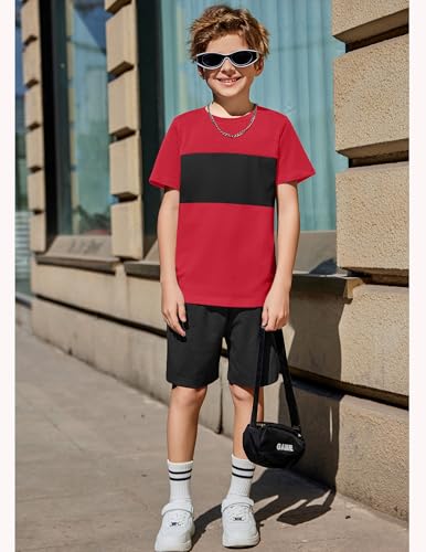 Image of Arshiner Boys' 2-Piece Cotton Outfit Color Block T-Shirt and Shorts Set Summer Camo Clothes for Kids 5-14 Years