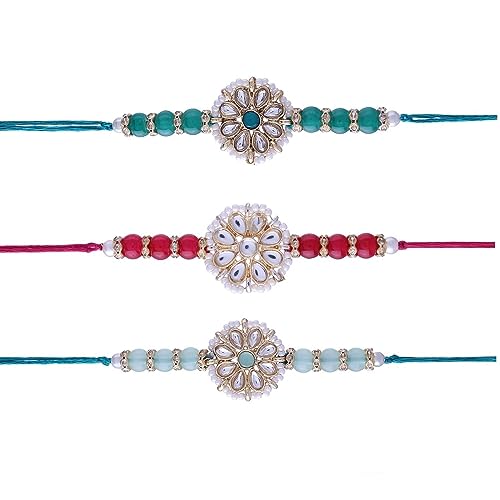 Image of I Jewels Mens Kundan & Pearl Combo Rakhi With Roli Chawal & Rakshabandhan Card For Brother /Bro /Bhai Set Of 3 Rakhi