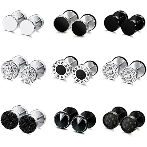 FIBO STEEL 9 Pairs Fake Gauge Earrings for Men Women Stainless Steel Stud Earrings Round Cheater Plug Earrings Faux Gauges Ear Tunnel Cover