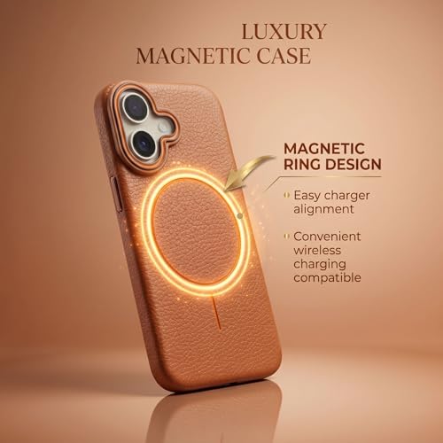 Image of amazon basics Luxury MagSafe Compatible Leather Texture Back Cover for iPhone 16 | Raised Camera Protection | Slim Fit Shockproof Case with Metallic Accents (Orange)