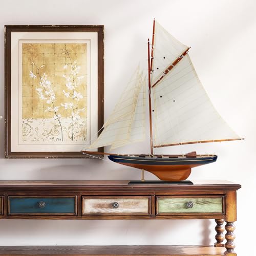 NAUTIMALL 25" Wooden Sailboat Model Columbia America's Cup Ship Nautical Yacht Vintage Rustic Home Decor (Vintage Blue)