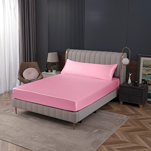 Homiest Pink Satin Fitted Sheet Twin Size, Deep Pocket, Luxury & Ultra Soft Bedding